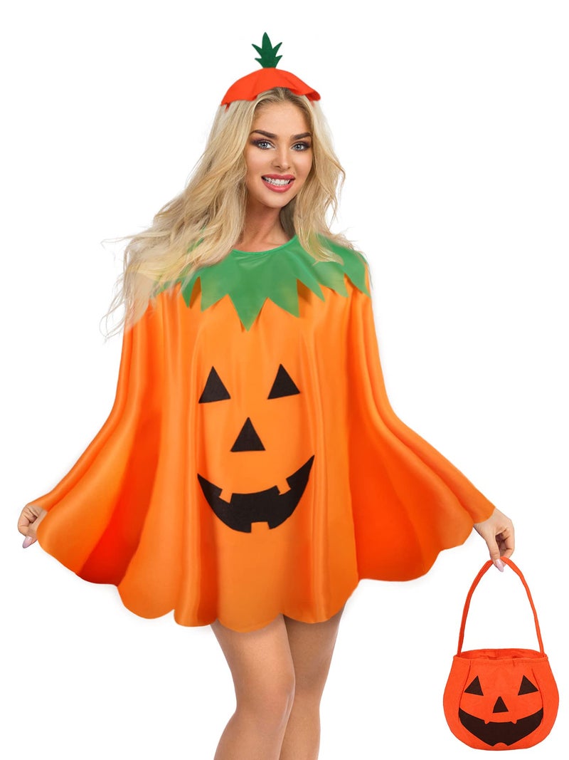 Geyoga 3 Pcs Halloween Pumpkin Costume Adult Women Set Pumpkin Cloak Poncho Candy Handbag Funny Headband - Image 1