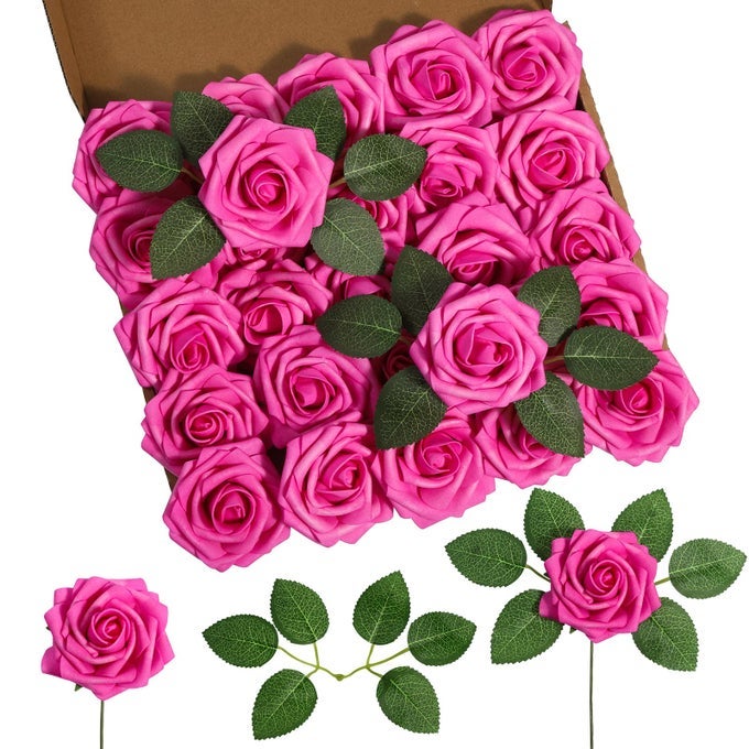25PCS ARTIFICIAL ROSES FLOWERS FAKE ROSES WITH STEMS REAL TOUCH FOAM FLOWERS FOR DIY WEDDING BOUQUET BABY SHOWER CENTERPIECE FLORAL ARRANGEMENT PARTY HOME DECOR HOT PINK