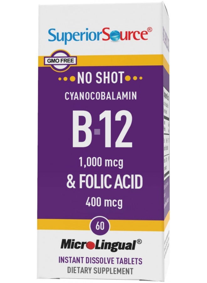 Superior Source Superior Source No Shot Vitamin B12 Cyanocobalamin (1000 mcg), Folic Acid (400 mcg), Quick Dissolve MicroLingual Tablets, 60 Ct, Increase Energy, Boost Metabolism, Heart and Stress Support, Non-GMO  - Image 5