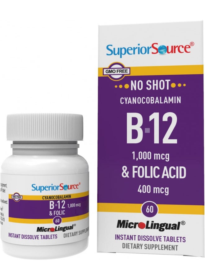 Superior Source Superior Source No Shot Vitamin B12 Cyanocobalamin (1000 mcg), Folic Acid (400 mcg), Quick Dissolve MicroLingual Tablets, 60 Ct, Increase Energy, Boost Metabolism, Heart and Stress Support, Non-GMO  - Image 1