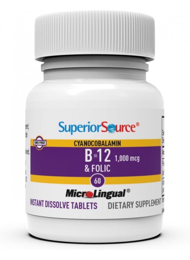 Superior Source Superior Source No Shot Vitamin B12 Cyanocobalamin (1000 mcg), Folic Acid (400 mcg), Quick Dissolve MicroLingual Tablets, 60 Ct, Increase Energy, Boost Metabolism, Heart and Stress Support, Non-GMO  - Image 3