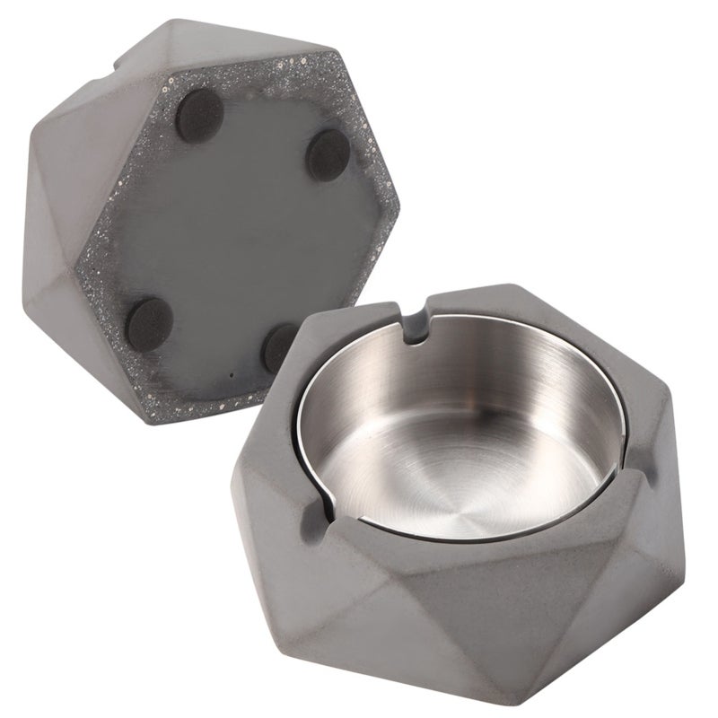 Geometric Cement Ashtray: Dark Gray, Metal Liner, 3 U-shaped Grooves - Anti-slip Feet, Nordic Industrial Style for Home Living Room, Study, Hotel - Image 2