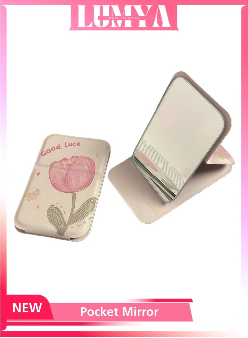 LUMYA Pocket Mirror, Portable Folding Makeup Mirror, Compact Adjustable Small Mirror with Stand for Quick Touch-ups, Travel Handheld Mirror for Women Girls, Mini Mirror Great for Home, Office, Camping (Beige) - Image 1
