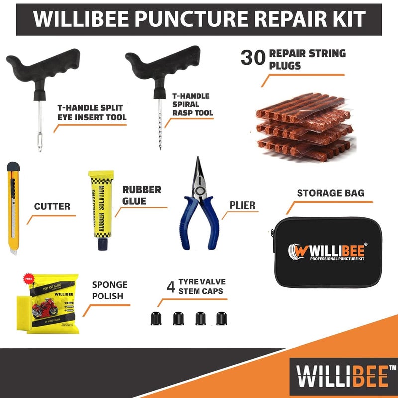 WILLIBEE 8-in-1 (Pack of 30 Strips) Tubeless Tyre Puncture Repair Kit for Car, Bike, Scooter & SUV - Universal Emergency Tyre Fix Tool Set, Flat Tire Puncher Repair Kit (with Storage Bag) - Image 2