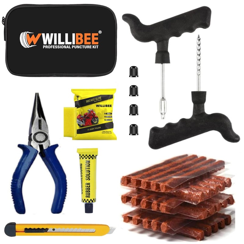 WILLIBEE 8-in-1 (Pack of 30 Strips) Tubeless Tyre Puncture Repair Kit for Car, Bike, Scooter & SUV - Universal Emergency Tyre Fix Tool Set, Flat Tire Puncher Repair Kit (with Storage Bag) - Image 1