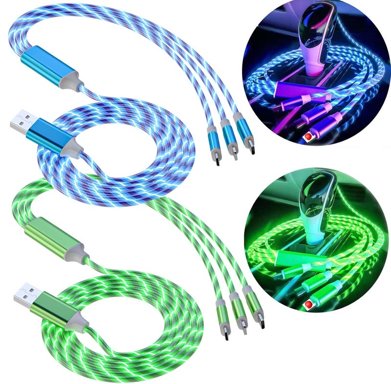 woobles 3 in 1 Light up Charging Cable, 2pcs Multi Charging Cable Fast Charge, USB Charger Cord, 3.6FT Nylon Braided Charger, Compatible with Most Cell Phones 2pcs blue and green - Image 1
