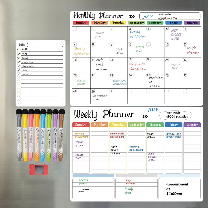 Hivillexun Magnetic Dry Erase Calendar Whiteboard Set (3-Pack) for Fridge, Wall, and Refrigerator Organization – Monthly, Weekly, and Daily Planners with 8 Markers and Eraser - Image 1