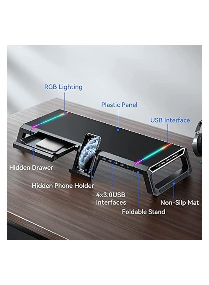 بروماس مصابيح ألعاب RGB بحامل لشاشة الكمبيوتر مع 4 محطات إرساء USB 3.0 HUB، ورافعات سطح طاولة قابلة للطي لشاشة الكمبيوتر، ودرج منظم للتخزين وحامل هاتف - Image 2