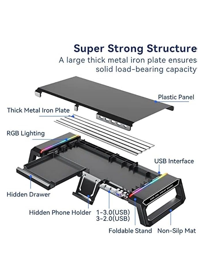 بروماس مصابيح ألعاب RGB بحامل لشاشة الكمبيوتر مع 4 محطات إرساء USB 3.0 HUB، ورافعات سطح طاولة قابلة للطي لشاشة الكمبيوتر، ودرج منظم للتخزين وحامل هاتف - Image 3