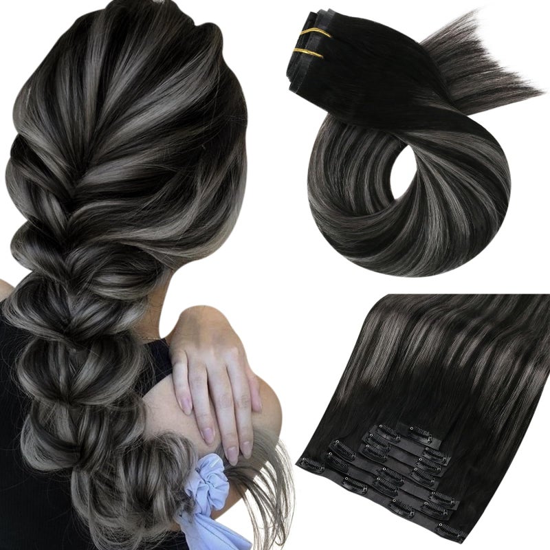 Moresoo Invisible Clip in Hair Extensions Human Hair 18 Silver Black Balayage Remy Human Hair Clip in Extensions Black to Silver Grey Ombre Seamless Pu Weft Long 120g7pcs 18 inch
