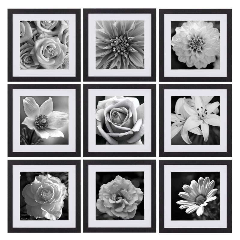eletecpro 10x10 Picture Frames Set of 9 with Mat for 8x8 Photos or without Mat for 10x10, Square Gallery Wall Decor Collage for Picture Display, Black Frame Set for Wall Hanging - Image 1