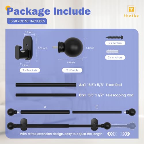TKZTKZ Curtain Rods No Drilling for Windows 18 to 28 Inch:No Drill Small Black Curtain Rod with Adhesive Brackets for Bedroom,5/8" Apartment Renter Friendly Adjustable Drapery Rods Easy Install - Image 5