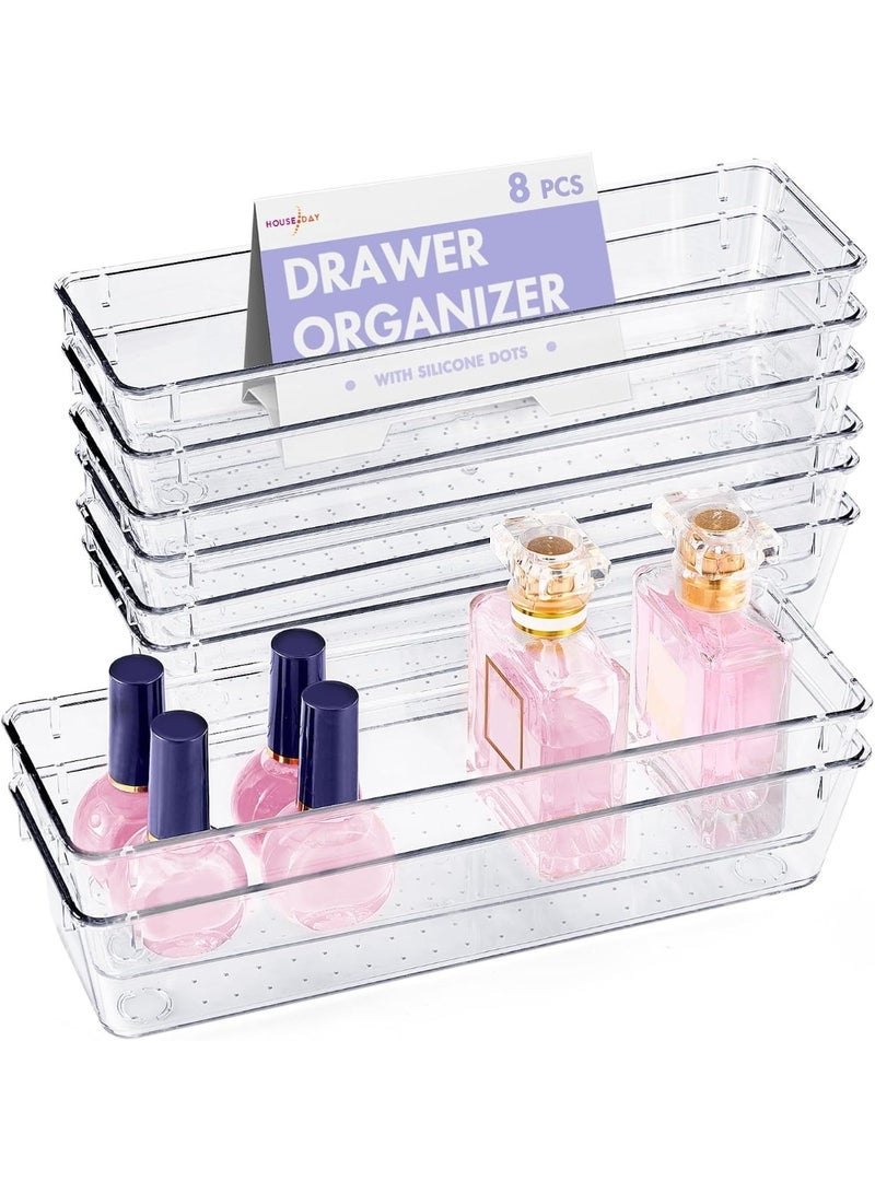 8 Pack Desk Drawer Organizers, Clear Drawer Organizers, Toiletry and Storage Organizers, Non-Slip Plastic Drawer Organizer for Makeup, Bathroom, Kitchen and Office - Image 1