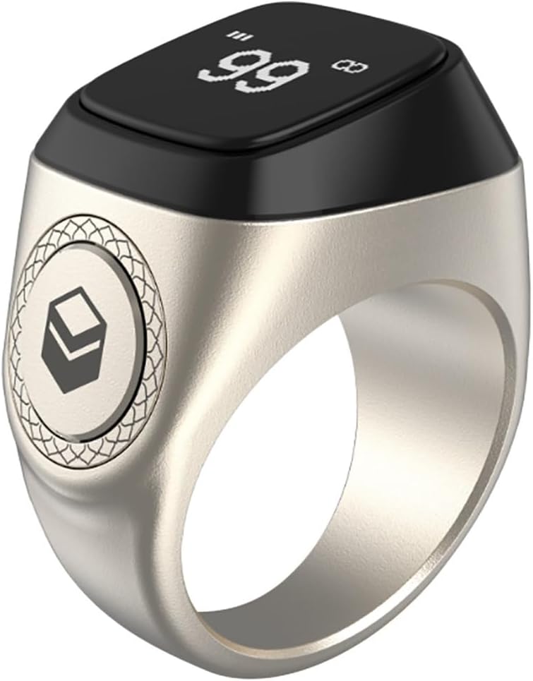 WELL iQIBLA Smart Tasbih Zikr Ring- الصلاة المسلمة- تذكير توقيت الصلاة شاشة OLED Tasbih Counter Smart Ring تكنولوجيا قابلة للارتداء مقاومة للماء (20MM معدن، فضة) - Image 1