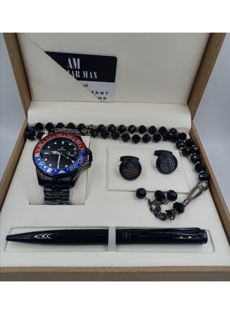 ANEMAR MAN High-quality Pepsi-shaped men's gift set including a watch, pen, prayer beads, cufflinks, and a black strap with a black dial.