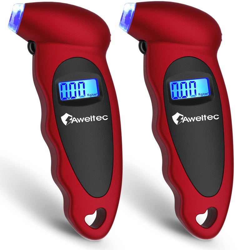 AWELTEC Digital Tire Pressure Gauge 2 Pack 150 PSI 4 Settings Tire Gauge for Car Truck Motorcycle Bicycle with Backlit LCD and NonSlip Grip Red