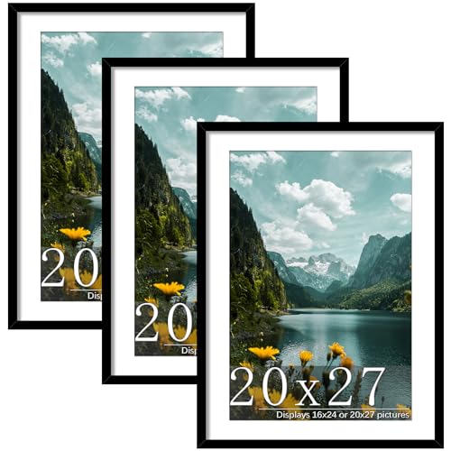 Picrit 20x27 Picture Frame 3 Pack Black Puzzle Frame Display Poster 16 x 24 with Mat or 20 x 27 without Mat for Horizontal or Vertical Wall Mounting