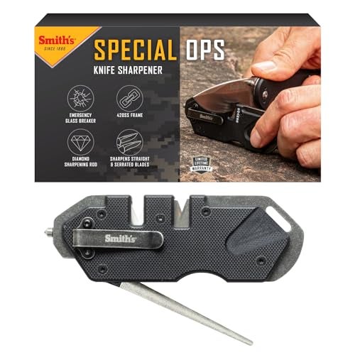 Smith's Smith’s 50979 Pocket Pal Tactical Knife Sharpener - Black - 2 Stage Sharpener & Diamond Sharpening Rod - Pocket Clip - Outdoor Hunting Knife & Hook Sharpener - Compact & Lightweight - Image 1