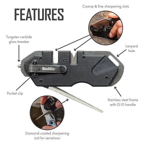Smith's Smith’s 50979 Pocket Pal Tactical Knife Sharpener - Black - 2 Stage Sharpener & Diamond Sharpening Rod - Pocket Clip - Outdoor Hunting Knife & Hook Sharpener - Compact & Lightweight - Image 3