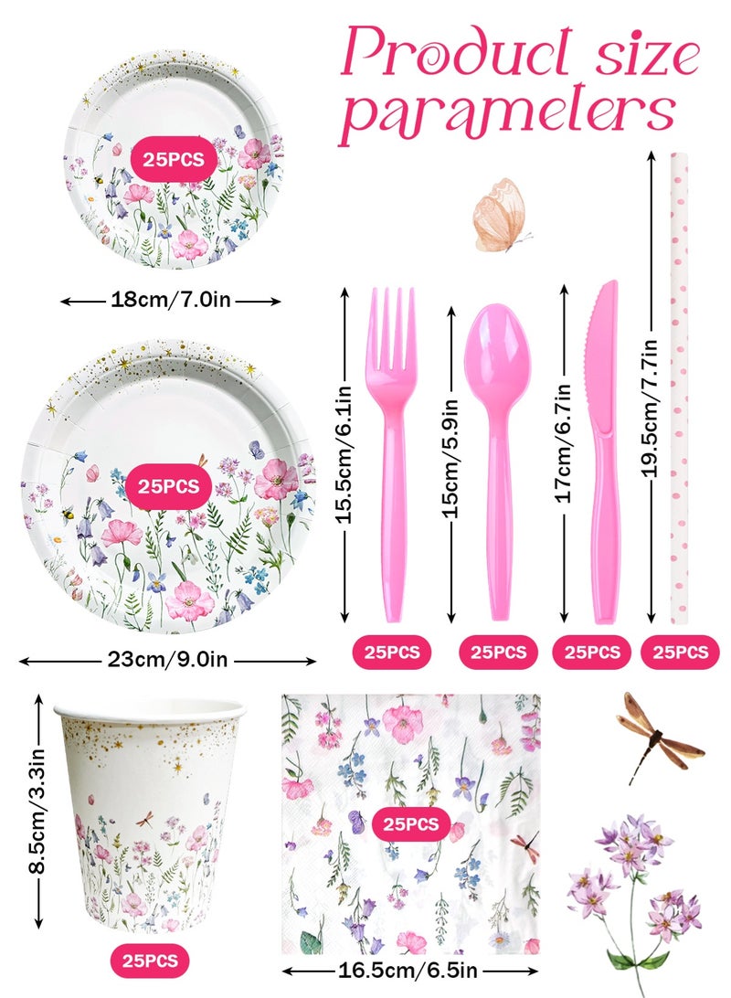 HomarKet 200PCS Disposable Dinnerware Set,25 Guest Party Supplies Dinner Set Include Paper Plates Napkin Cup Straw Plastic Spoon Fork Knive for Baby Shower,Wedding,Birthday (Flower) - Image 2