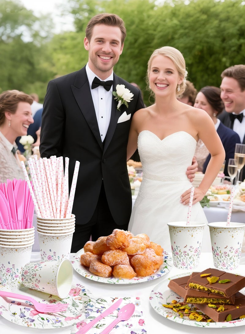 HomarKet 200PCS Disposable Dinnerware Set,25 Guest Party Supplies Dinner Set Include Paper Plates Napkin Cup Straw Plastic Spoon Fork Knive for Baby Shower,Wedding,Birthday (Flower) - Image 4