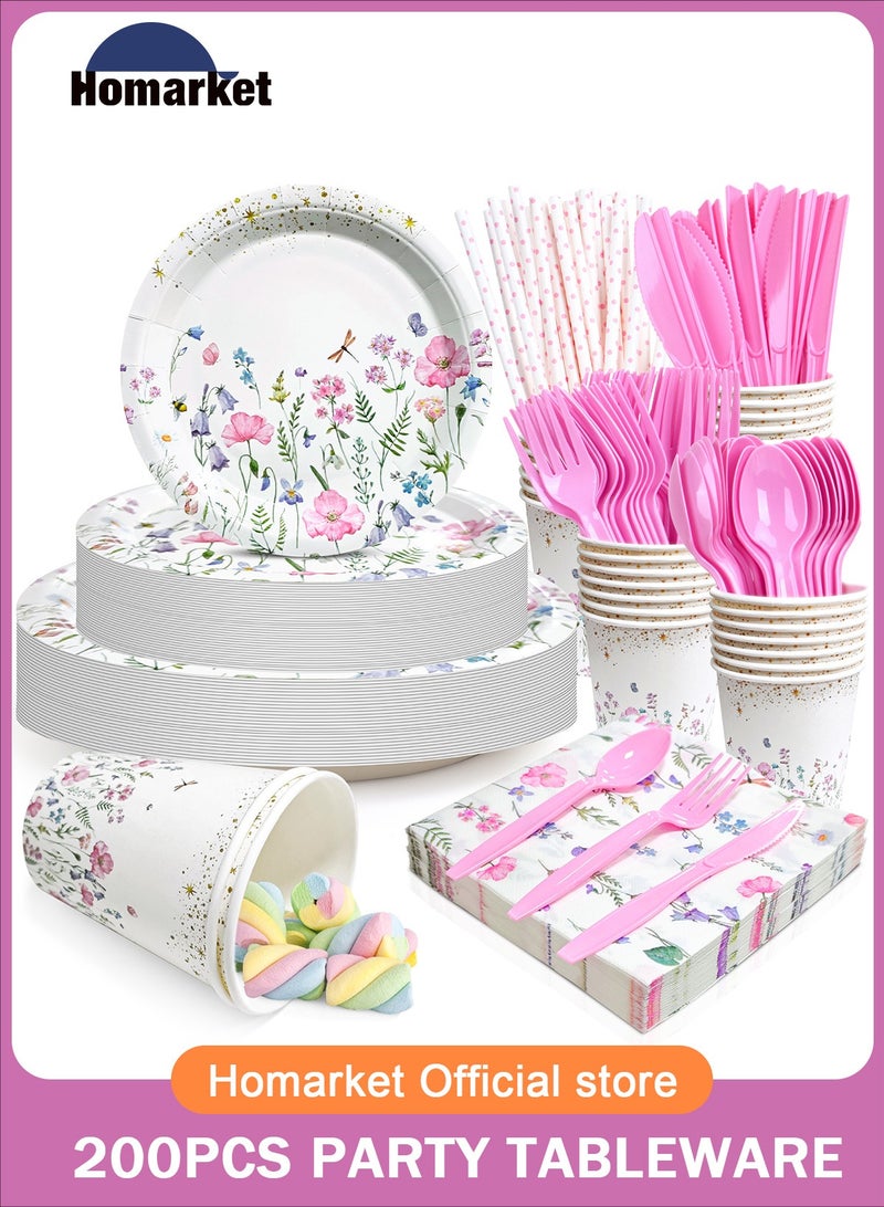 HomarKet 200PCS Disposable Dinnerware Set,25 Guest Party Supplies Dinner Set Include Paper Plates Napkin Cup Straw Plastic Spoon Fork Knive for Baby Shower,Wedding,Birthday (Flower) - Image 1