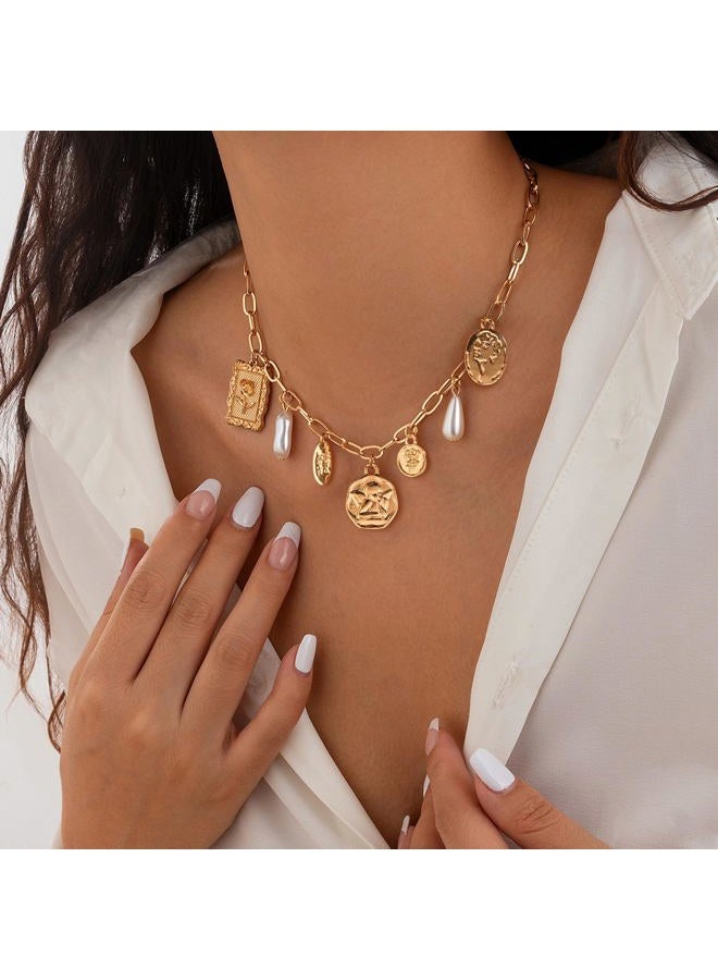 YANCHUN Charm Necklace for Women Boho Coin Charm Necklace Chain Paperclip Link Chain Gold Chunky Choker for Girls - Image 2