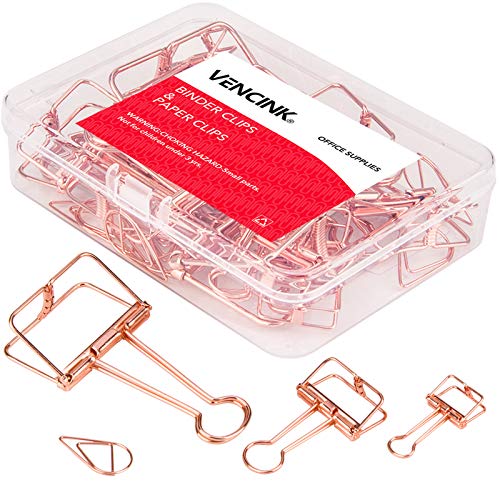 VENCINK Rose Gold Wire Binder Clips and Cute Paper Clips Set Assorted Sizes, 2 Large 6 Medium 10 Small Smooth Stainless Hollow Office Clamp Clips - Image 1