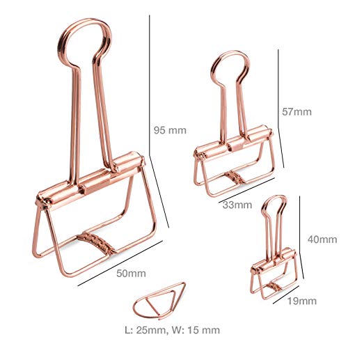 VENCINK Rose Gold Wire Binder Clips and Cute Paper Clips Set Assorted Sizes, 2 Large 6 Medium 10 Small Smooth Stainless Hollow Office Clamp Clips - Image 3
