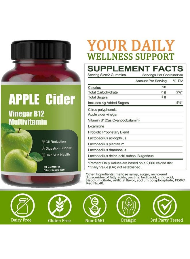 Generic Apple Cider Gummy-Apple Cider Vinegar B12 Multivitamin, Natural Apple Cider Vinegar Gummies - Vinagre de Sidra de Manzana Gomitas - Vegan & Gluten-Free - 60 Gummies (1)  - Image 2