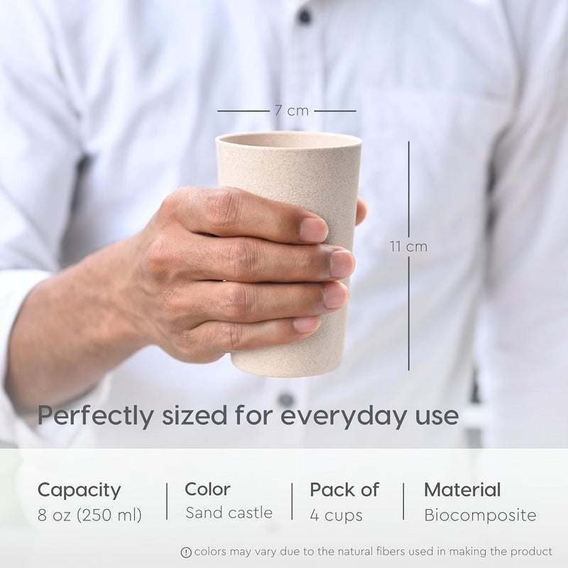Eha EarthFriendly Unbreakable Drinking Glass Set of 4 for Water and Juice 250 ml Each Tumblers Made with Rice Husk Bamboo Fibers Microwave Safe for Hot Cold Sand Castle Beige - Image 2
