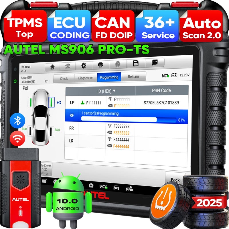 Autel Scanner MaxiSYS MS906 PROTS 2025 MS906ProTS Up of MP900TS MS906MAX MS906 PRO MP900BT Top TPMS Function ECU Coding CAN FDDoIP Bidirectional Scan Tool 3000 Test 36 Service FCA OS 10