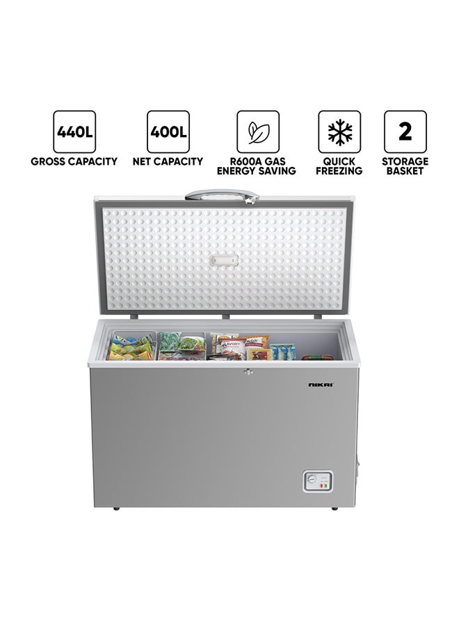 NIKAI 440L Gross / 400L Net, Single Door Chest Freezer With Storage Basket, High Energy Efficiency Cooling System, Adjustable Temperature, Child Lock, Silent Operation, Ideal For Home And Restaurants 440 L 620 kW NCF440N7S Silver - Image 1
