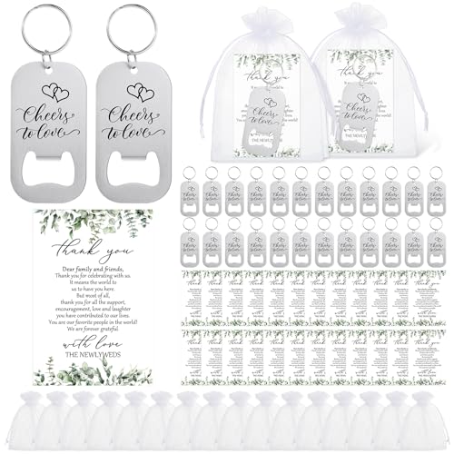 FoldTier 100sets Wedding Favors for Guests Include Key Bottle Opener Beer Bottle Opener Keychain Thank You Cards and Organza Bags Bridal Shower Wedding Party Souvenirs Gifts (Cheers) - Image 1