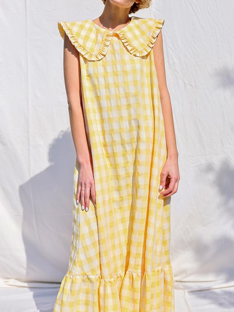 HOULENGS Women's Summer Plaid Sleeveless Maxi Dress Casual Ruffle Flowy A-Line Beach Gingham Long Sundress with Pockets Yellow Small - Image 5