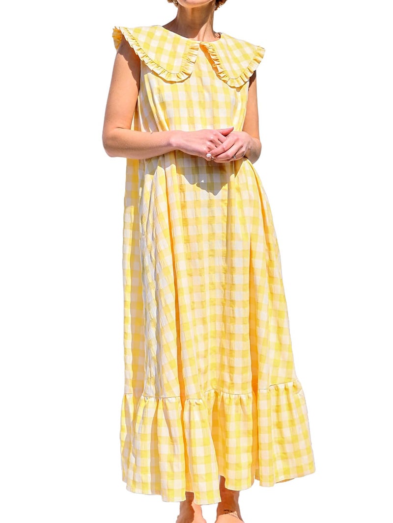 HOULENGS Women's Summer Plaid Sleeveless Maxi Dress Casual Ruffle Flowy A-Line Beach Gingham Long Sundress with Pockets Yellow Small - Image 1