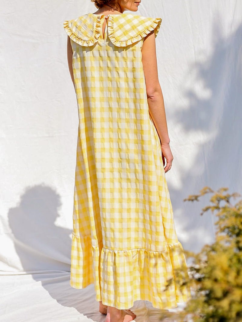 HOULENGS Women's Summer Plaid Sleeveless Maxi Dress Casual Ruffle Flowy A-Line Beach Gingham Long Sundress with Pockets Yellow Small - Image 3