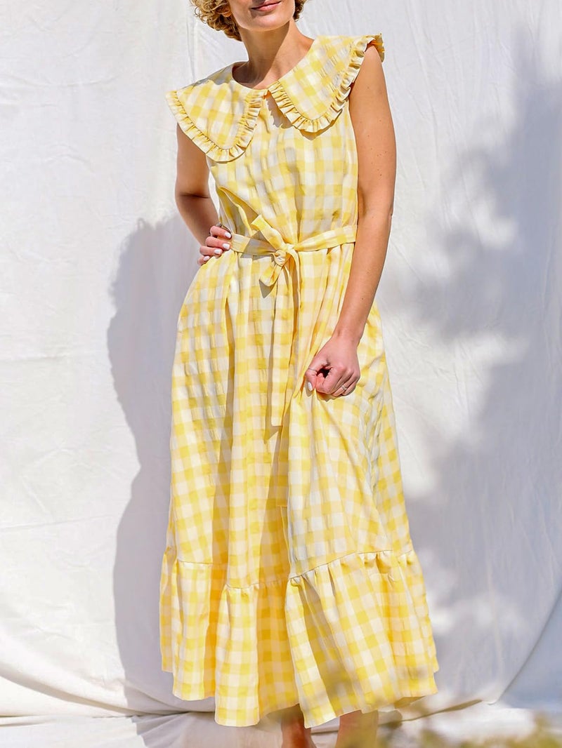 HOULENGS Women's Summer Plaid Sleeveless Maxi Dress Casual Ruffle Flowy A-Line Beach Gingham Long Sundress with Pockets Yellow Small - Image 4