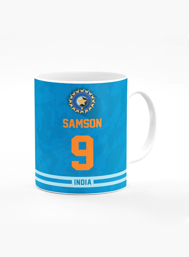 Stylizedd Designer Printed Coffee Mug with Heavy Duty Handle 11oz Ceramic Personalised Gift Mugs Cup - Cricket Player - Sanju Samson, Jersey Number - 9 (With Logo) - Image 1