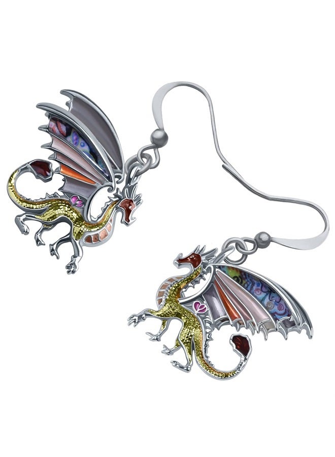 Enamel Alloy Dinosaur Fantasy Dragon Earrings Drop Dangle Unique Animal Jewelry For Women Girls (Sand)