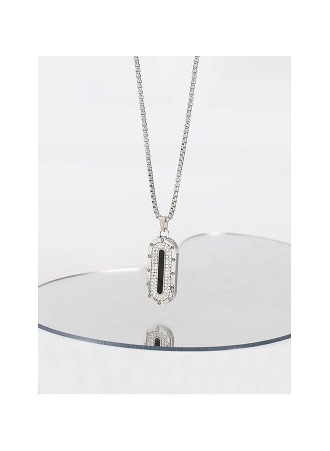 MARIO DRAFTS Men's Stainless Steel Chain Necklace with Crystal Pendant, Box Chain Design, Silver - Image 1