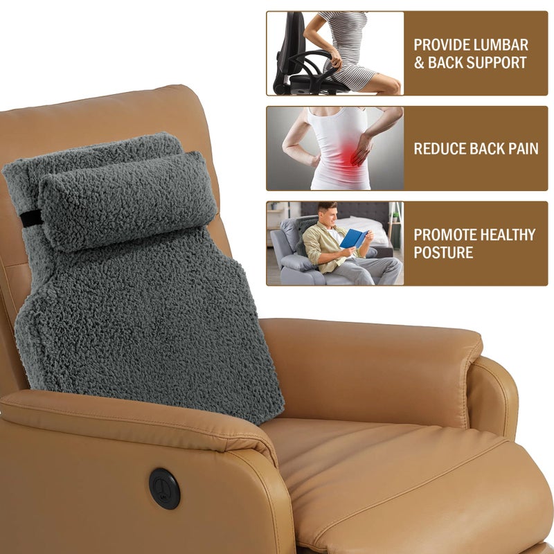 HOMBYS Sherpa Fleece Lumbar Support Pillow with Headrest for Recliner,Memory Foam Recliner Chair Cushion for Back Pain,Big High Back Support for Recliner with Chair Headrest for Elderly (Grey) - Image 2
