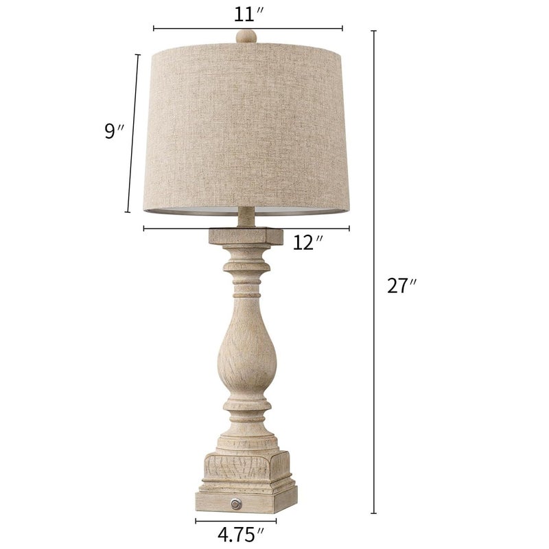 BOBOMOMO 27" Farmhouse 3-Way Dimmable Touch Control Table Lamp Set of 2 with USB A &USB C Charging Ports for Bedroom Living Room Vintage Rustic Traditional Nightstand Bedside Lamps (2 Bulbs Included) - Image 2