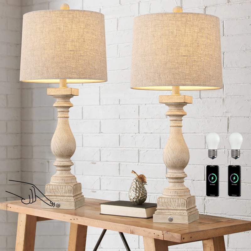 BOBOMOMO 27" Farmhouse 3-Way Dimmable Touch Control Table Lamp Set of 2 with USB A &USB C Charging Ports for Bedroom Living Room Vintage Rustic Traditional Nightstand Bedside Lamps (2 Bulbs Included) - Image 3