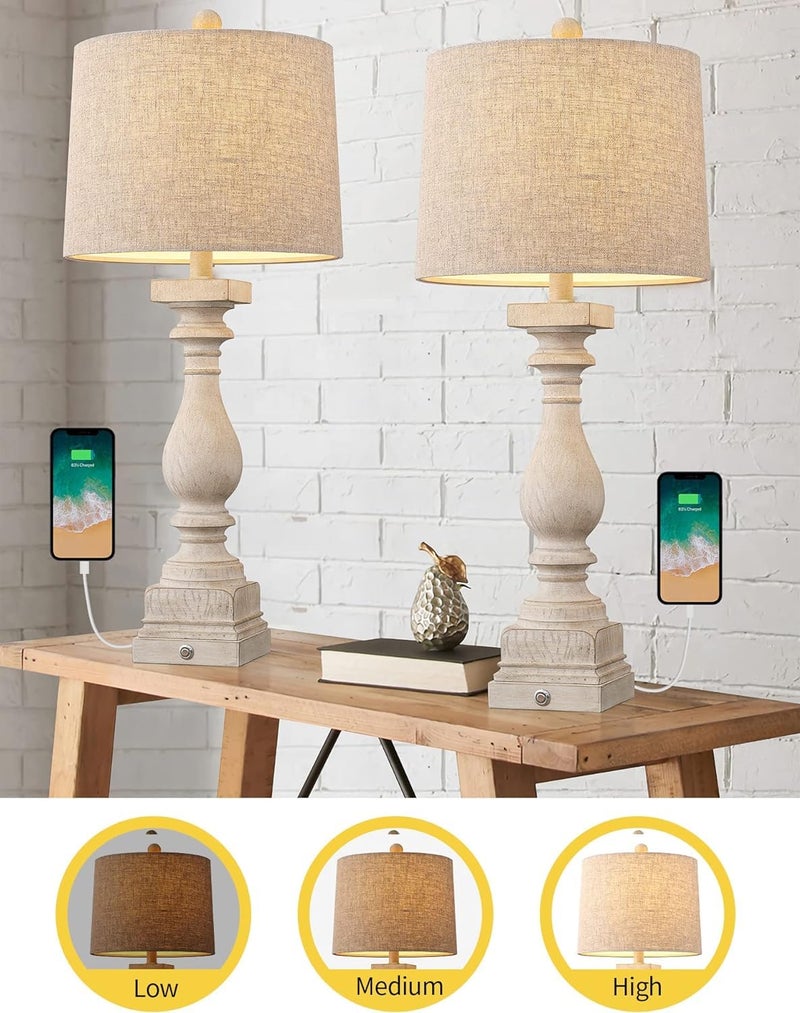 BOBOMOMO 27" Farmhouse 3-Way Dimmable Touch Control Table Lamp Set of 2 with USB A &USB C Charging Ports for Bedroom Living Room Vintage Rustic Traditional Nightstand Bedside Lamps (2 Bulbs Included) - Image 4