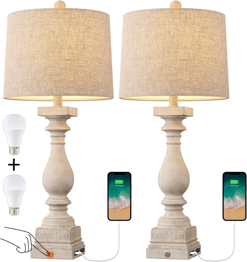 BOBOMOMO 27" Farmhouse 3-Way Dimmable Touch Control Table Lamp Set of 2 with USB A &USB C Charging Ports for Bedroom Living Room Vintage Rustic Traditional Nightstand Bedside Lamps (2 Bulbs Included) - Image 5