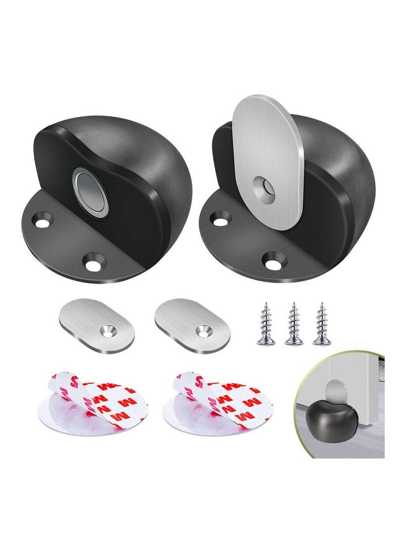 Y&D Magnetic Door Stops Floor Mounted, Grey Oval Strong Self Adhesive Stopper Stainless Steel Holder Soft Close Magnet Heavy Duty Black Rubber (2 Pack)  - Image 1