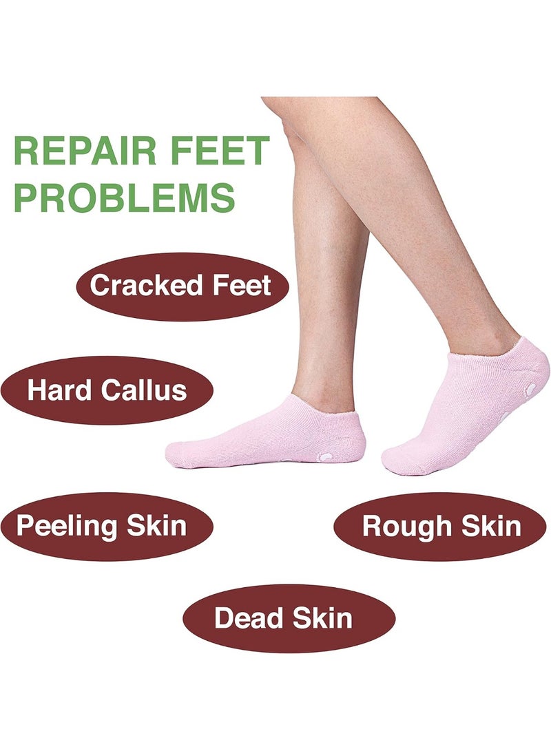 Meetion زوج من جورب جل سبا مرطب من القطن والسيليكون لترطيب وتنعيم وإصلاح البشرة المتشققة أداة للعناية بالقدمين الجافة علاج ترطيب البشرة بجوارب سيليكون مشبعة بالفيتامينات والزيوت الأساسية (وردي) - Image 3