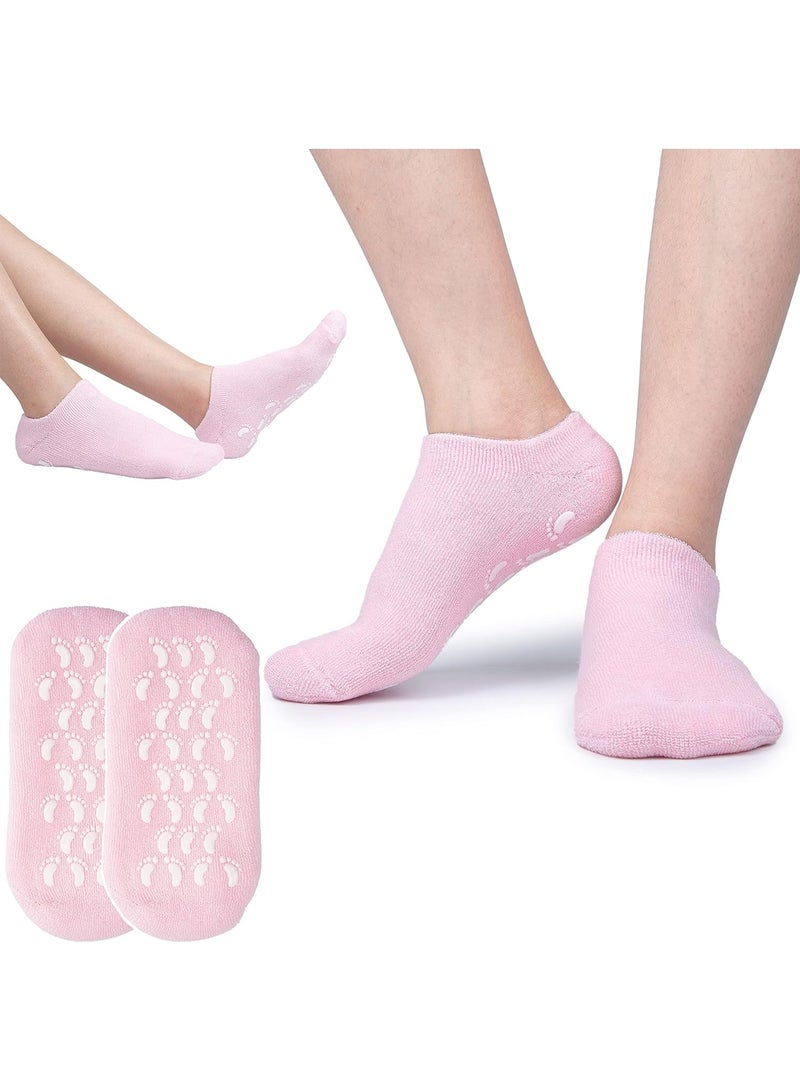 Meetion زوج من جورب جل سبا مرطب من القطن والسيليكون لترطيب وتنعيم وإصلاح البشرة المتشققة أداة للعناية بالقدمين الجافة علاج ترطيب البشرة بجوارب سيليكون مشبعة بالفيتامينات والزيوت الأساسية (وردي) - Image 1