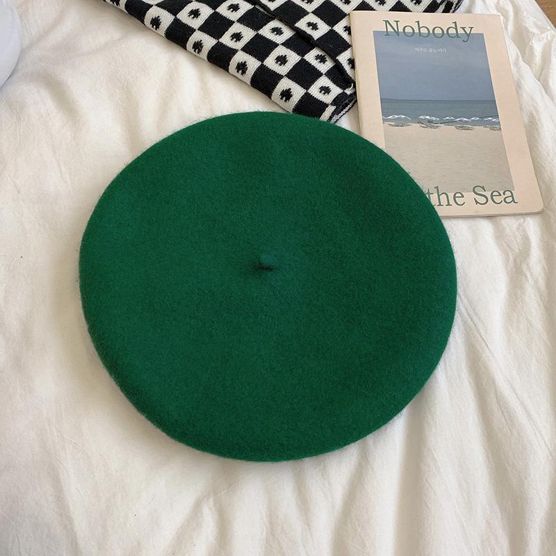 Womens Autumn/winter Korean Style Vintage Candy Color Woolen Beret Hat Self-designed Warm Stylish For Skullies Beanies Dark green 